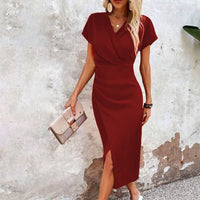 FitiqueFit split V-neck bodycon dress with short sleeves, slim fit design, and a stylish slit for a sleek, modern look.