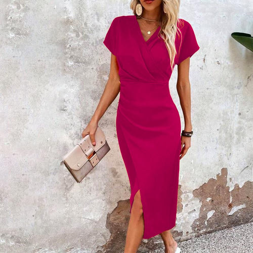 FitiqueFit split V-neck bodycon dress with short sleeves and a slit, featuring a slim fit design perfect for stylish occasions.