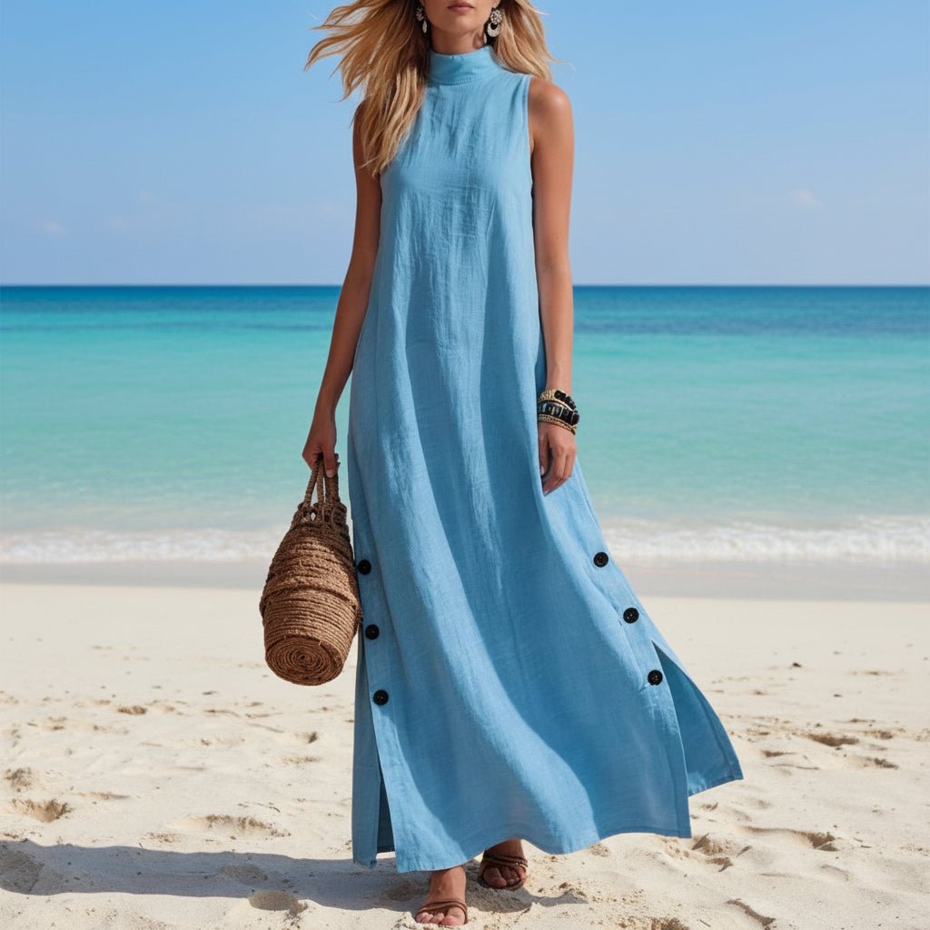 Sleeveless FitiqueFit midi dress with side slits and loose fit, featuring a stylish and comfortable design for casual wear.