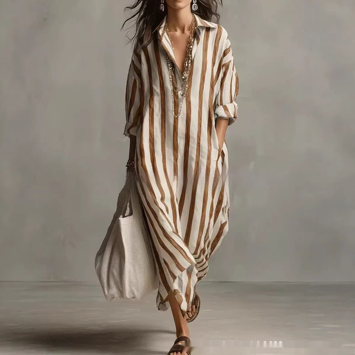 Striped lapel collar dress by FitiqueFit featuring side slits and pockets, styled on a model showcasing its casual and chic design.