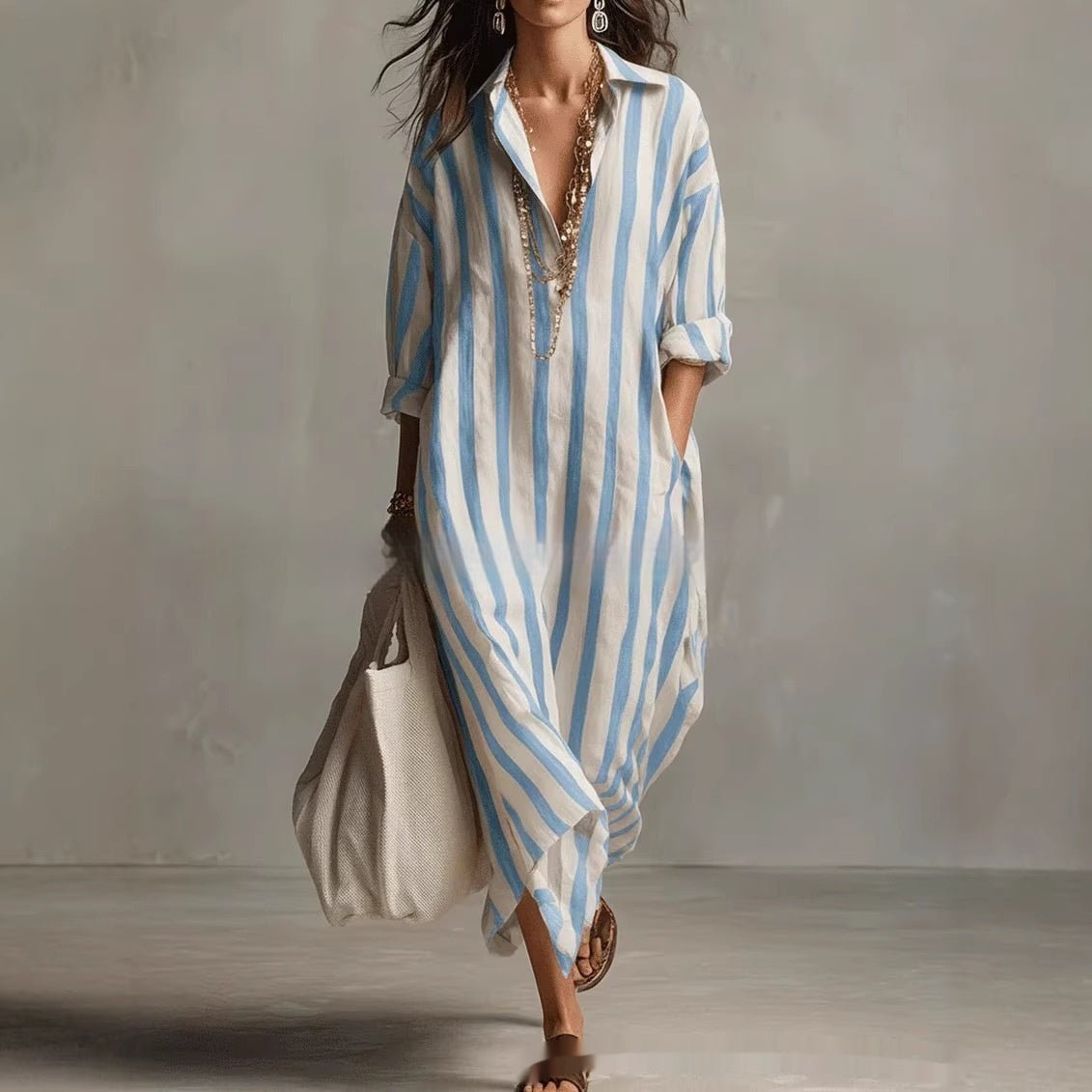 Striped lapel collar dress by FitiqueFit featuring side slits and pockets, stylish and comfortable for casual wear.