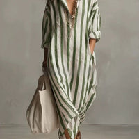 Striped FitiqueFit dress with lapel collar, side slits, and pockets, featuring a stylish and comfortable design.