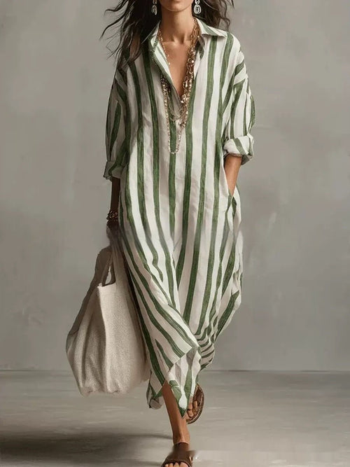 Striped FitiqueFit dress with lapel collar, side slits, and pockets, featuring a stylish and comfortable design.