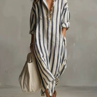 Striped lapel collar dress by FitiqueFit featuring side slits and pockets, casual style perfect for daytime wear.