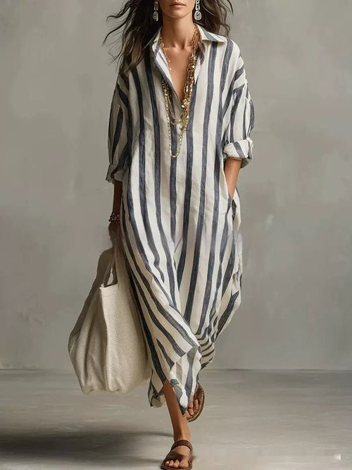 Striped lapel collar dress by FitiqueFit featuring side slits and pockets, casual style perfect for daytime wear.