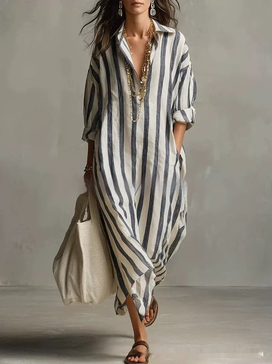 Striped lapel collar dress by FitiqueFit featuring side slits and pockets, casual style perfect for daytime wear.