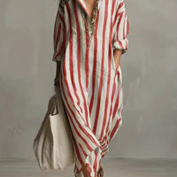 Striped lapel collar dress by FitiqueFit featuring side slits and pockets, stylish and comfortable for casual or semi-formal wear.