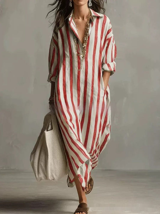 Striped lapel collar dress by FitiqueFit featuring side slits and pockets, stylish and comfortable for casual or semi-formal wear.