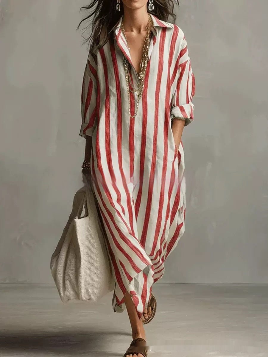 Striped lapel collar dress by FitiqueFit featuring side slits and pockets, stylish and comfortable for casual or semi-formal wear.