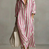 Striped FitiqueFit dress with lapel collar, side slits, and pockets, showcasing a stylish, casual women's dress.