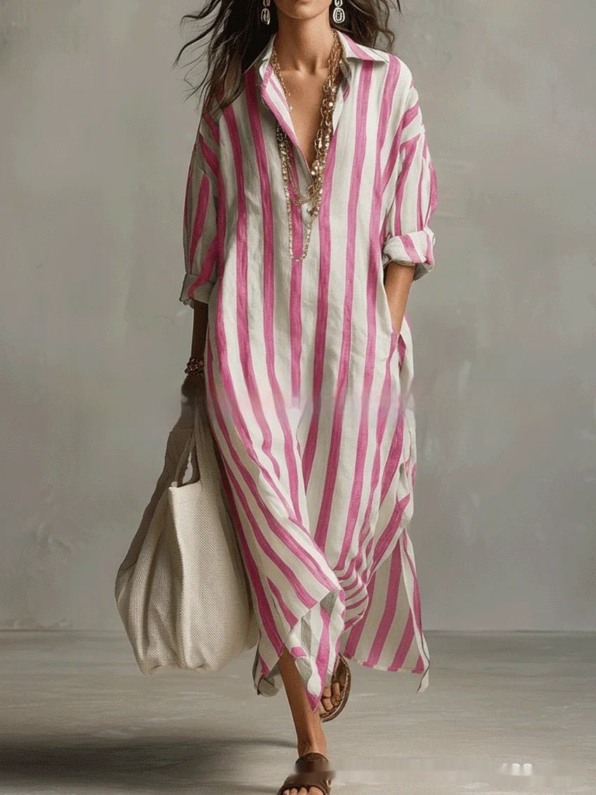 Striped FitiqueFit dress with lapel collar, side slits, and pockets, showcasing a stylish, casual women's dress.