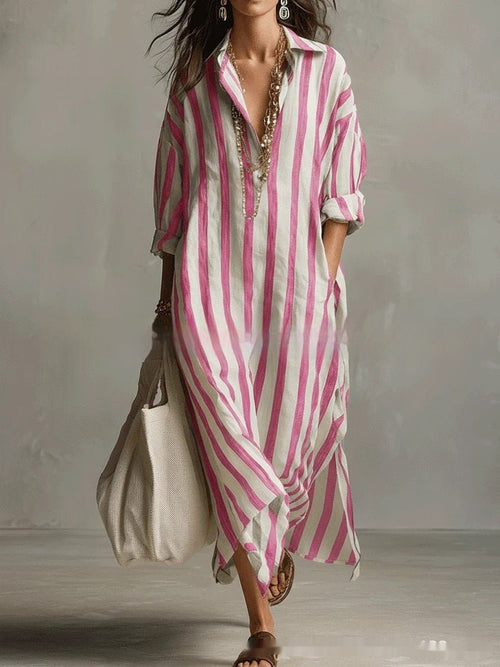 Striped FitiqueFit dress with lapel collar, side slits, and pockets, showcasing a stylish, casual women's dress.