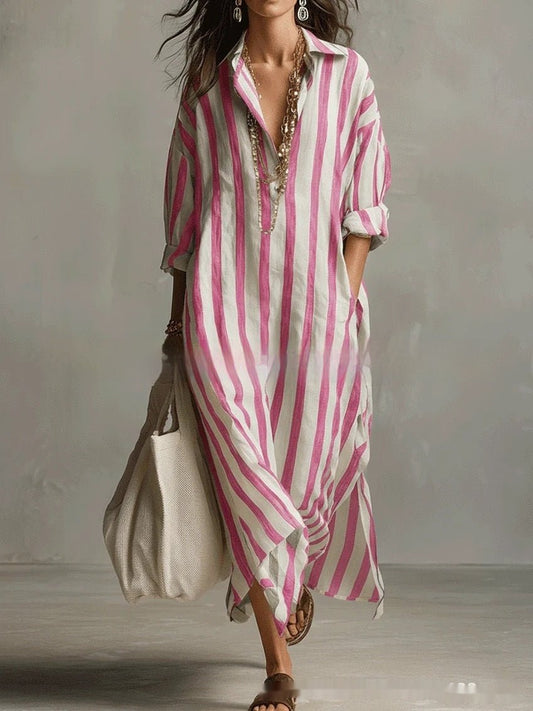 Striped FitiqueFit dress with lapel collar, side slits, and pockets, showcasing a stylish, casual women's dress.