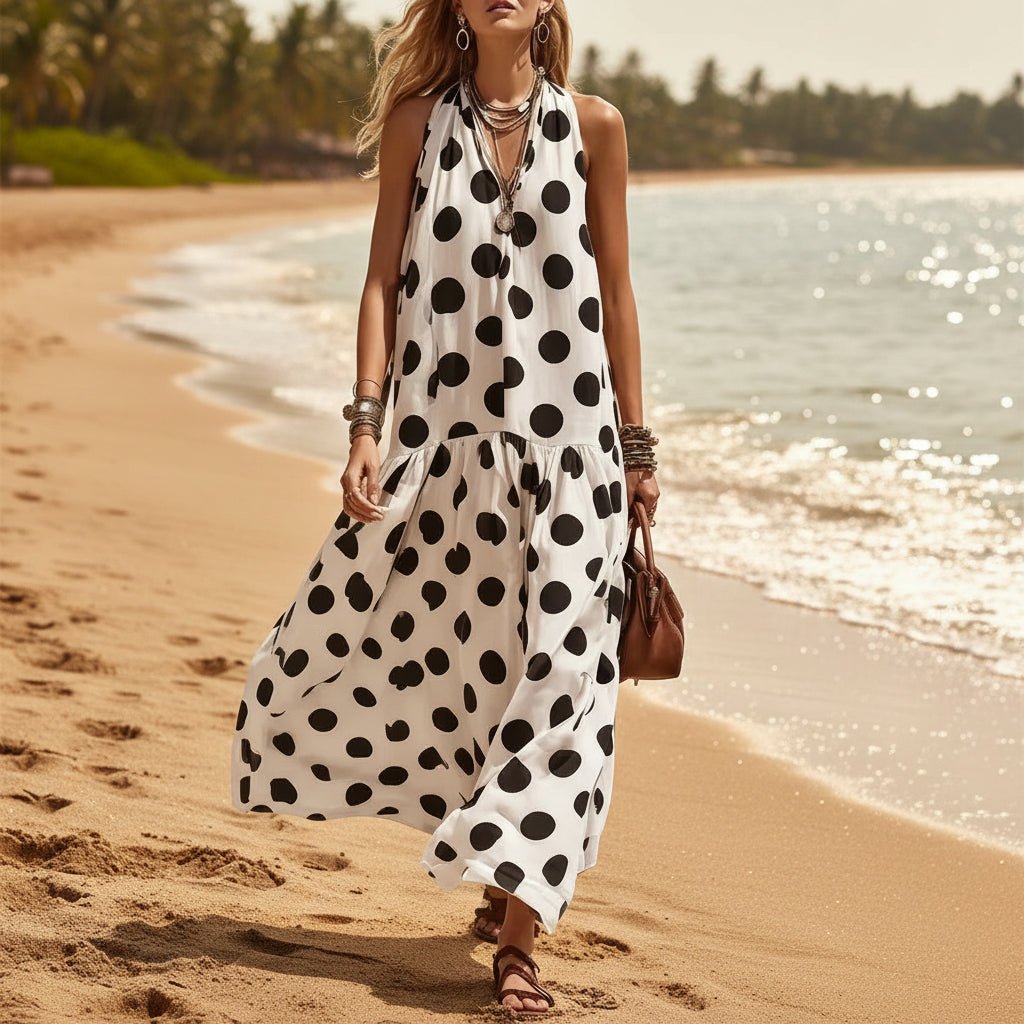 Women's digital print short sleeve loose maxi dress made of knit fabric by FitiqueFit, featuring a flowing, comfortable style.