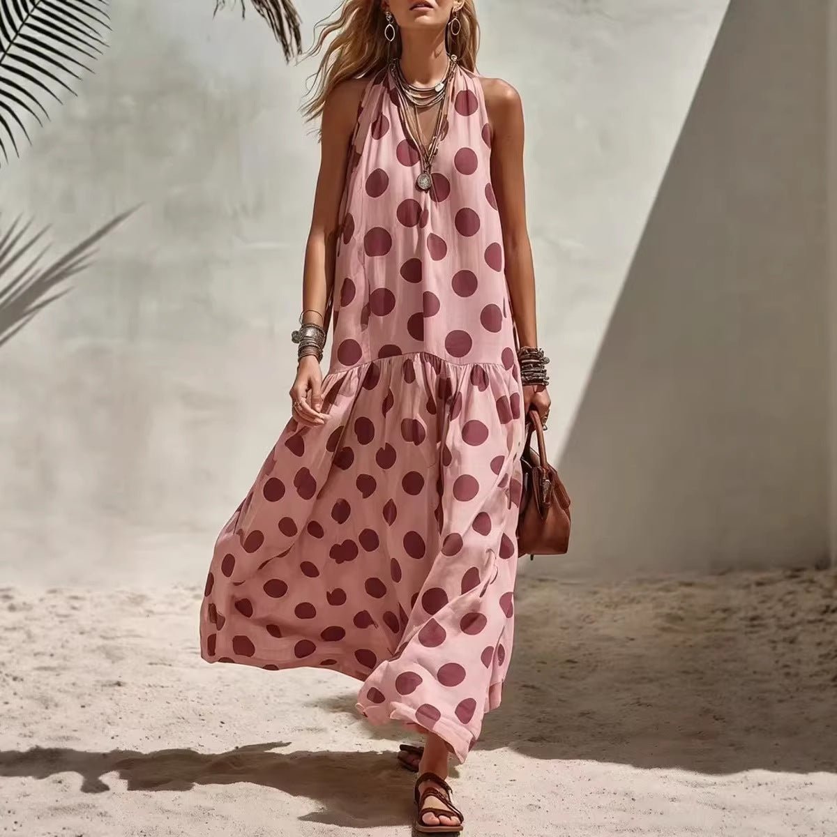 Women's digital print loose maxi dress by FitiqueFit, short sleeve knit fabric dress with a flowy silhouette and vibrant pattern.