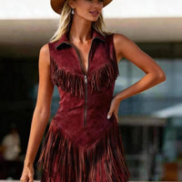 Women's suede western tassel sleeveless slim-fit midi dress by FitiqueFit, featuring tassel details and a fitted silhouette.