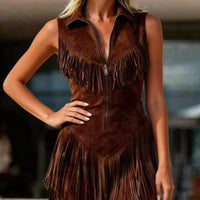 Women's suede western tassel sleeveless slim-fit midi dress by FitiqueFit, featuring a stylish Western-inspired design with tassel details.