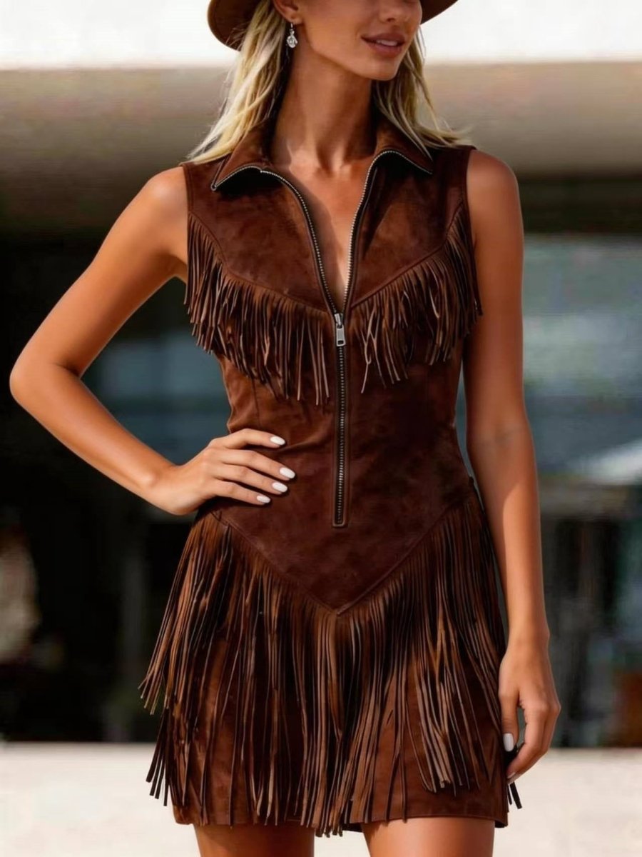 Women's suede western tassel sleeveless slim-fit midi dress by FitiqueFit, featuring a stylish Western-inspired design with tassel details.