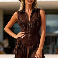 Women's suede western tassel sleeveless slim-fit midi dress by FitiqueFit, shown with tassel details and sleek sleeveless design.