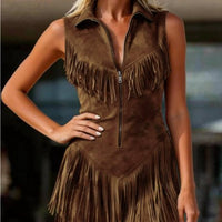 Women's suede western tassel sleeveless slim-fit midi dress by FitiqueFit, featuring a stylish design with tassel details and a fitted silhouette.