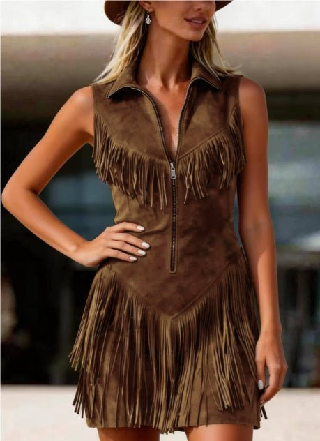 Women's suede western tassel sleeveless slim-fit midi dress by FitiqueFit, featuring a stylish design with tassel details and a fitted silhouette.