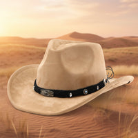 Unisex Western cowboy hat with ethnic style, beige felt material, wide brim, and decorative band for fashion and outdoor wear.