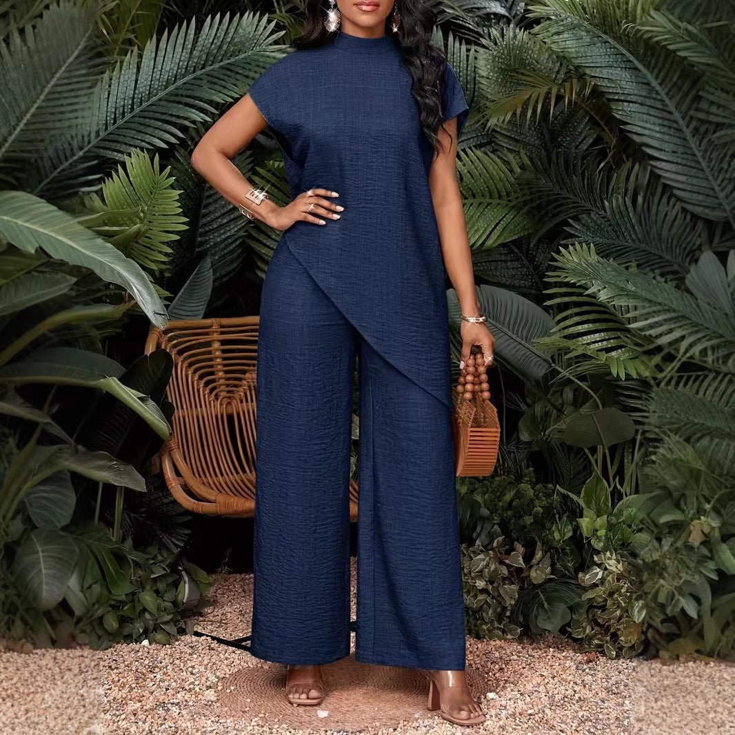 Asymmetrical sleeveless top and pants set for women by FitiqueFit, stylish two-piece outfit with modern design.