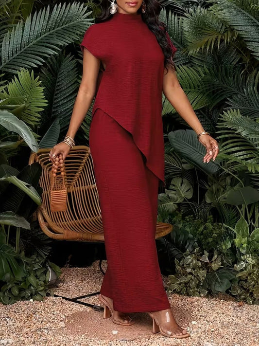 Asymmetrical sleeveless top and matching pants set for women by FitiqueFit, stylish two-piece fashion ensemble.