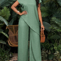 Asymmetrical sleeveless top and pants set for women by FitiqueFit, featuring modern design and comfortable fit.