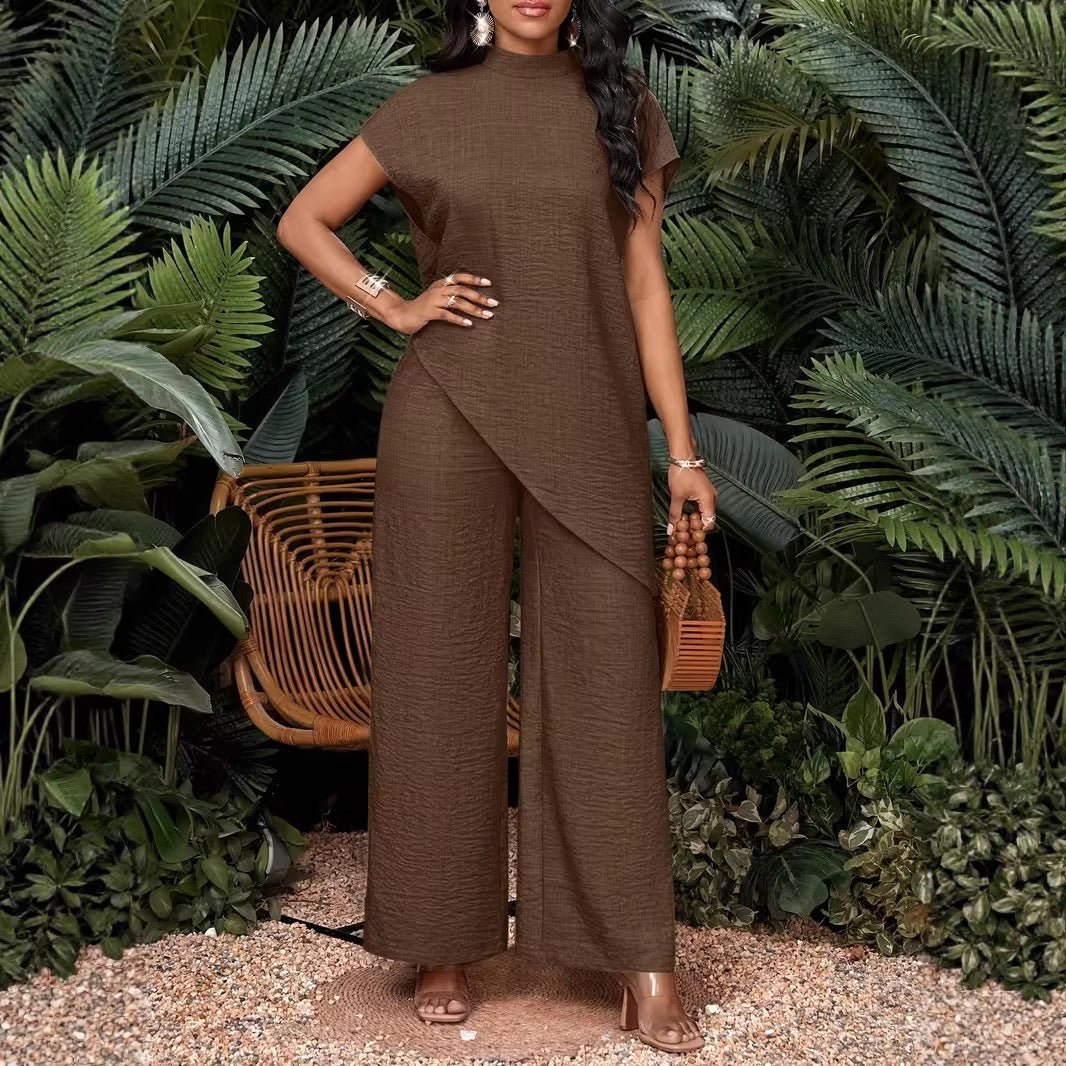 Asymmetrical sleeveless top and matching pants set for women by FitiqueFit, stylish two-piece outfit for casual wear.