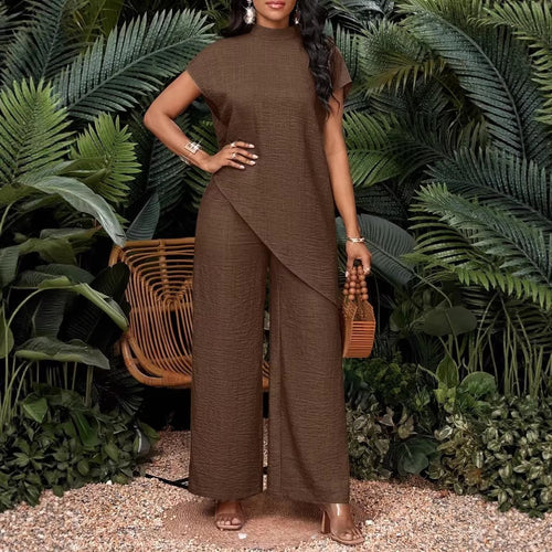 Asymmetrical sleeveless top and matching pants set for women by FitiqueFit, stylish two-piece outfit for casual wear.