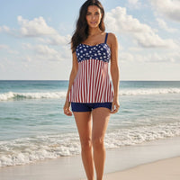 Printed Split Boxer Swimsuit by FitiqueFit, two-piece women's swimwear set with colorful patterns and sporty design.