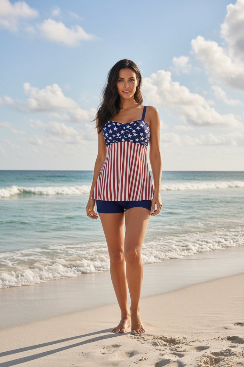 Printed Split Boxer Swimsuit by FitiqueFit, two-piece women's swimwear set with colorful patterns and sporty design.