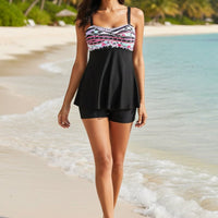 Printed split boxer swimsuit two-piece set for women by FitiqueFit, showing the colorful swimwear with a relaxed fit.