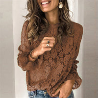 Women's long-sleeve lace-splicing top by FitiqueFit featuring hollow lace details and a stylish fit.