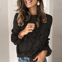 Women's long-sleeve lace splicing top by FitiqueFit featuring hollow lace details and a stylish, fitted design.