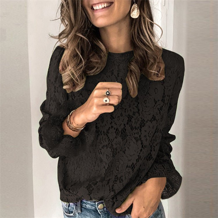 Women's long-sleeve lace splicing top by FitiqueFit featuring hollow lace details and a stylish, fitted design.
