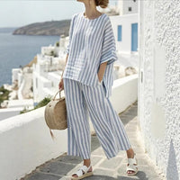 FitiqueFit 3D print batwing sleeve two-piece set with loose T-shirt and straight-leg pants, stylish and comfortable casual outfit.