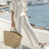 FitiqueFit 3D print batwing sleeve two-piece set with loose T-shirt and straight-leg pants, stylish and comfortable casual outfit.