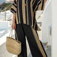 FitiqueFit 3D print batwing sleeve two-piece set with a loose T-shirt and straight-leg pants, stylish and comfortable for casual wear.