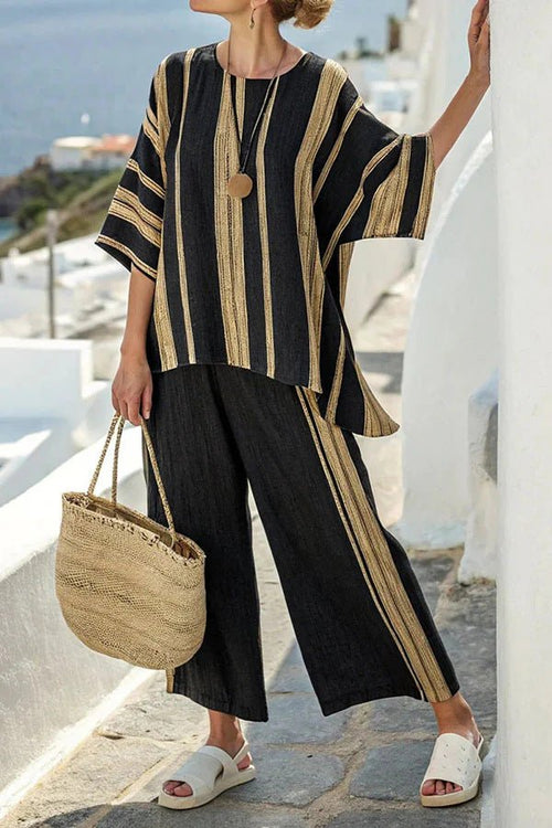 FitiqueFit 3D print batwing sleeve two-piece set with a loose T-shirt and straight-leg pants, stylish and comfortable for casual wear.