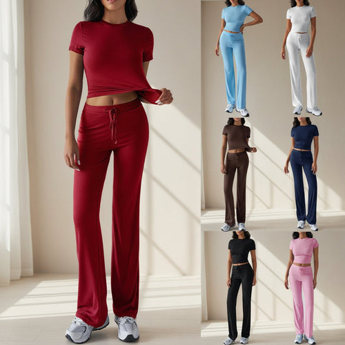 FitiqueFit crew neck short sleeve top and full-length pants set in solid color, available in 10 vibrant shades.