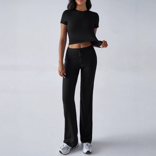 FitiqueFit crew neck short sleeve top and full-length pants set in solid color, available in 10 vibrant shades.