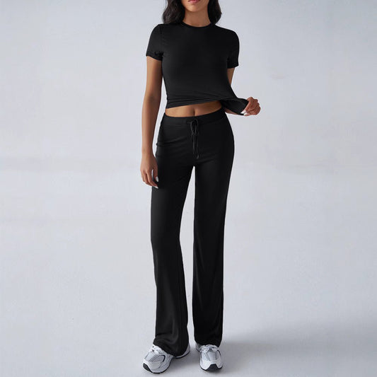 FitiqueFit crew neck short sleeve top and full-length pants set in solid color, available in 10 vibrant shades.