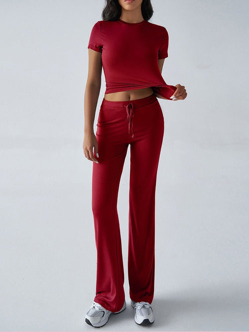 FitiqueFit crew neck short sleeve top and full-length pants set in solid color, available in 10 colors, casual two-piece outfit.