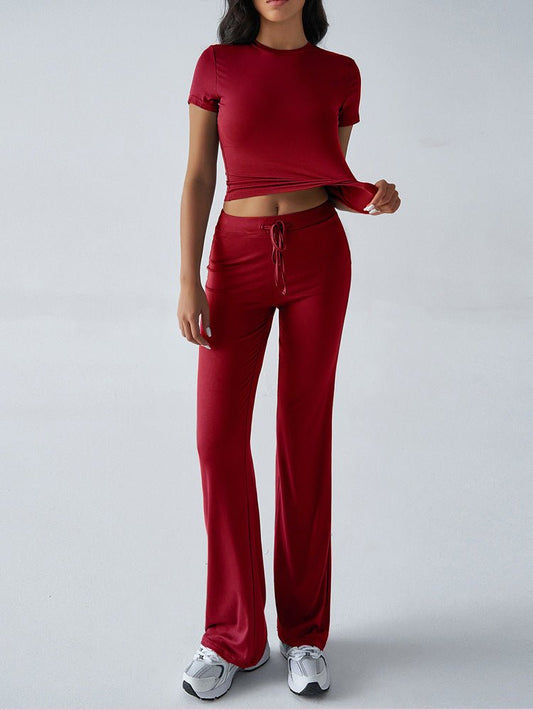 FitiqueFit crew neck short sleeve top and full-length pants set in solid color, available in 10 colors, casual two-piece outfit.