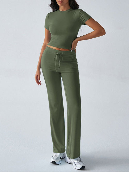 FitiqueFit crew neck short sleeve top and full-length pants set in solid color, available in 10 vibrant shades.