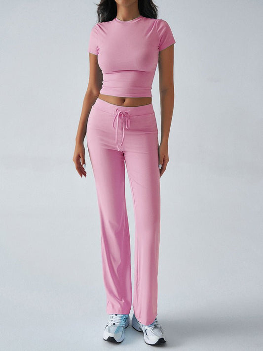 FitiqueFit crew neck short sleeve top and full-length pants set in solid color, available in 10 colors.