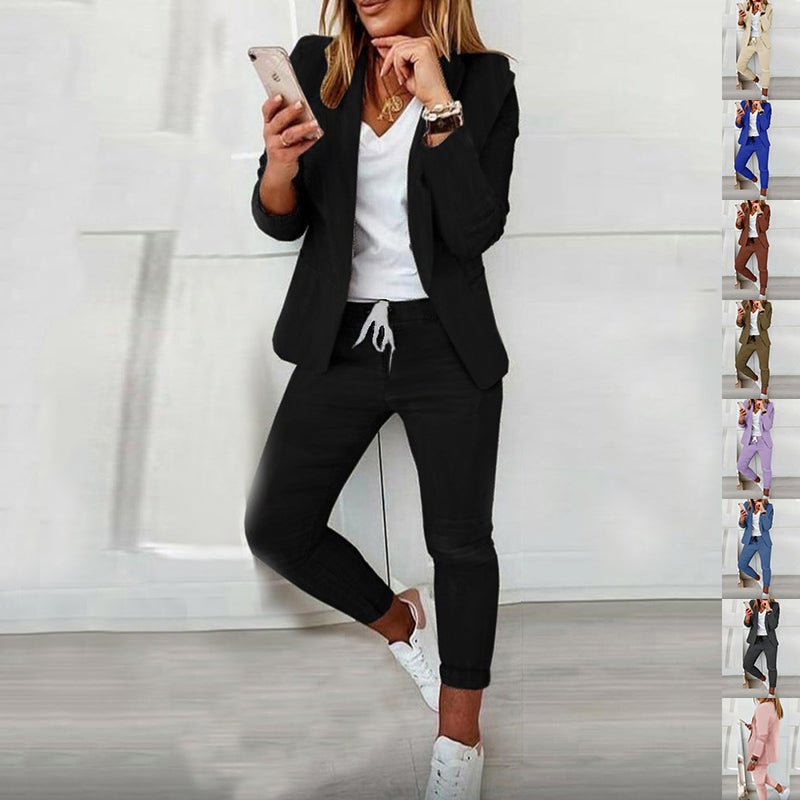 FitiqueFit lapel blazer and drawstring trousers two-piece OL suit in multiple colors, featuring stylish design and tailored fit.