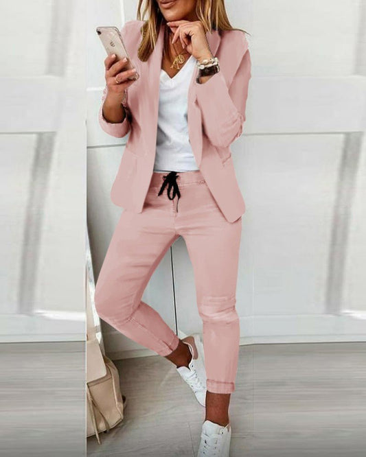 FitiqueFit two-piece lapel blazer and drawstring trousers OL suit in various colors, shown in a stylish professional outfit.